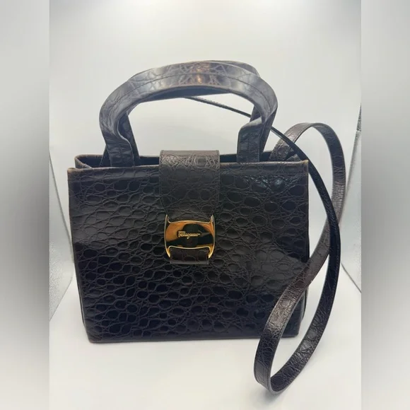 Vintage Salvatore Ferragamo Brown Croc Top Handle 2-Way Bag w/ Strap - Picture 2 of 14